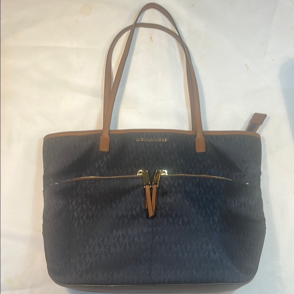 Michael Kors Blue and Tan Tote Bag with Structured Design